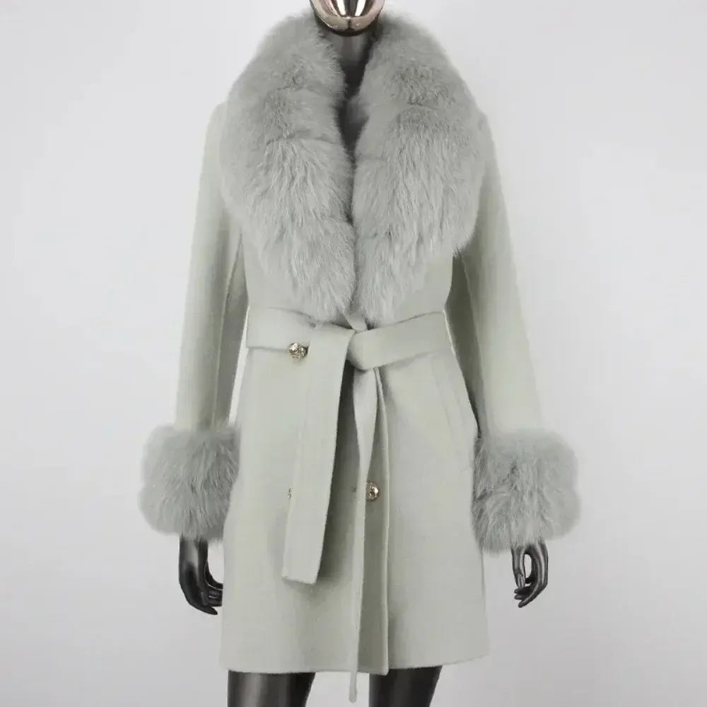 Fur Jacket Women Thick Real Fur Coat Winter Natural Fox Fur Collar Cuffs Outerwear Streetwear 2024 Winter Wool Cashmere Blends