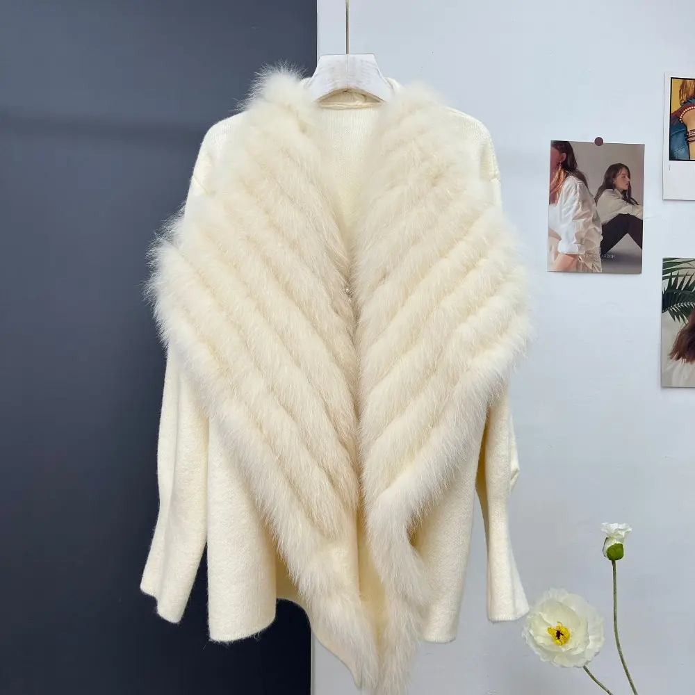 2024 Autumn Winter New Fashion Style Fox Fur Sweater Mid-length Knitting Coat Feamel Cardigan Sweater Jacket Women's Sweater