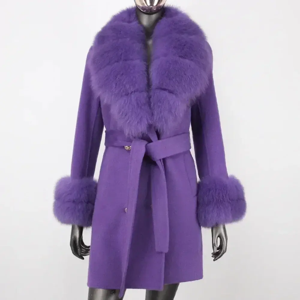 Fur Jacket Women Thick Real Fur Coat Winter Natural Fox Fur Collar Cuffs Outerwear Streetwear 2024 Winter Wool Cashmere Blends
