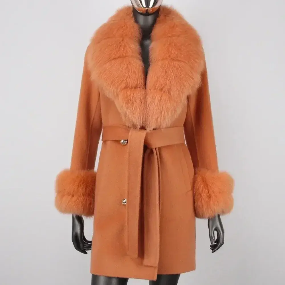 Fur Jacket Women Thick Real Fur Coat Winter Natural Fox Fur Collar Cuffs Outerwear Streetwear 2024 Winter Wool Cashmere Blends