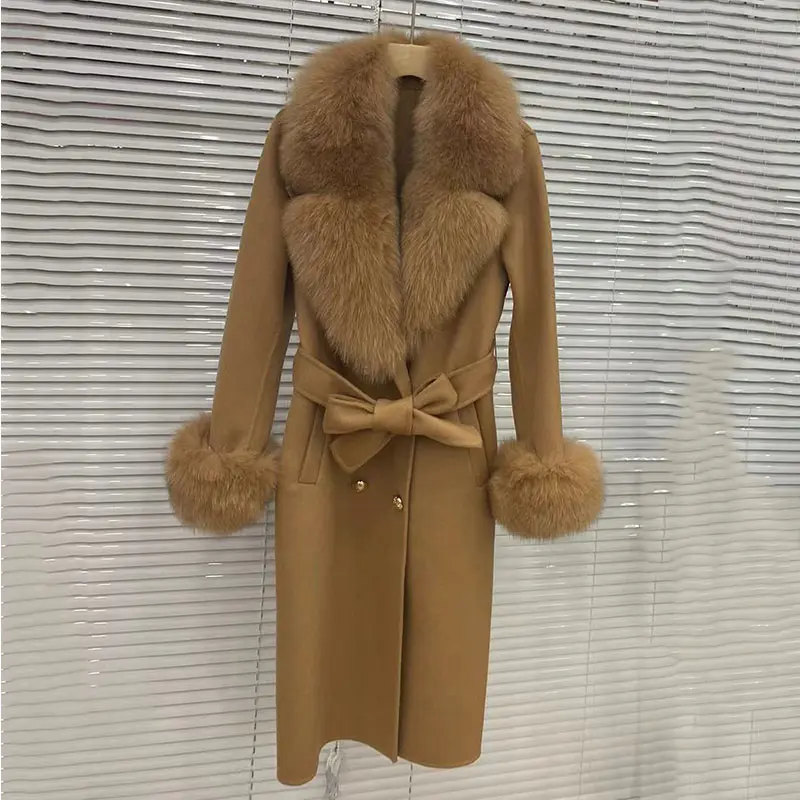 2023 double breasted Belt Outerwear Cuff new Long Women Wool Cashmere Blended Coat Real Fox Fur Collar Fashion Winter Jacket
