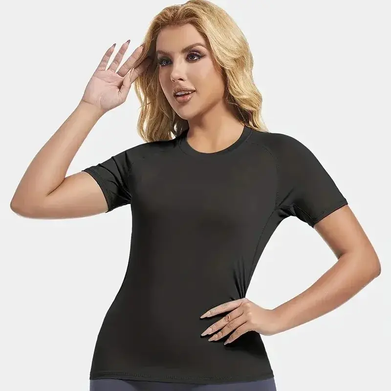 Summer Women Solid Short Sleeved Sports T-shirt Round Neck Tight Fitting Breathable Shirt Quick Drying Exercise Yoga Suit