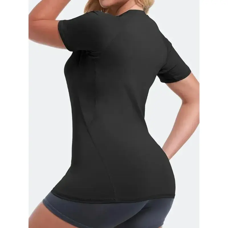 Summer Women Solid Short Sleeved Sports T-shirt Round Neck Tight Fitting Breathable Shirt Quick Drying Exercise Yoga Suit