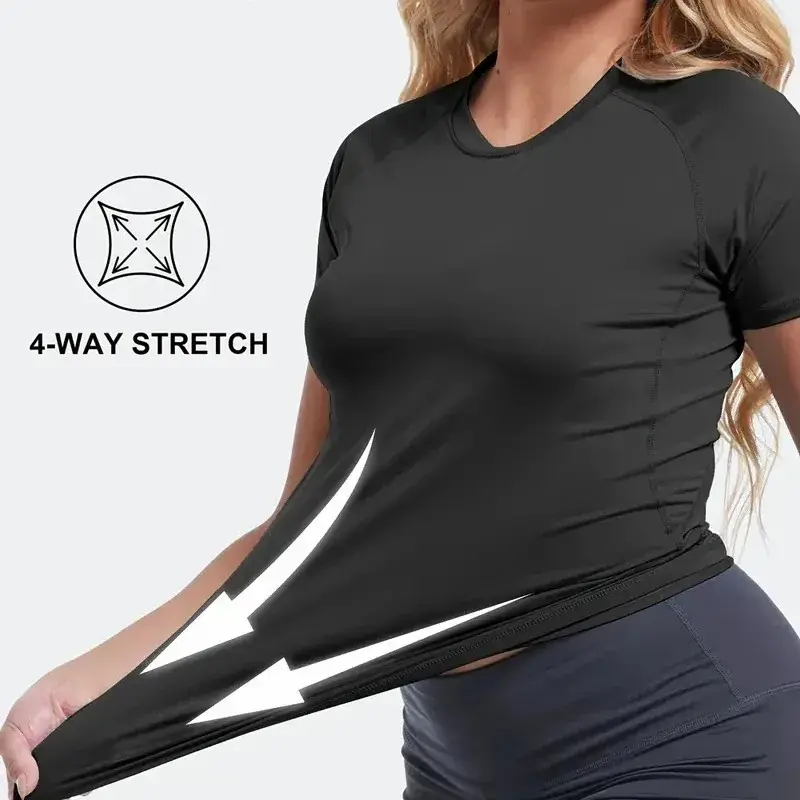 Summer Women Solid Short Sleeved Sports T-shirt Round Neck Tight Fitting Breathable Shirt Quick Drying Exercise Yoga Suit