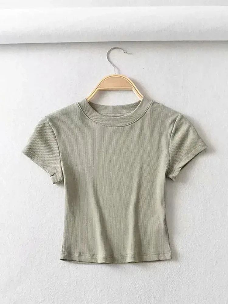 Women Summer O-neck Short-sleeve Knit T-shirt Slim Elastic Skinny Summer Breathable Sexy  Fashion Crop Tops