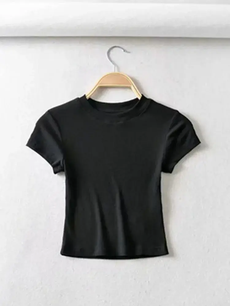 Women Summer O-neck Short-sleeve Knit T-shirt Slim Elastic Skinny Summer Breathable Sexy  Fashion Crop Tops