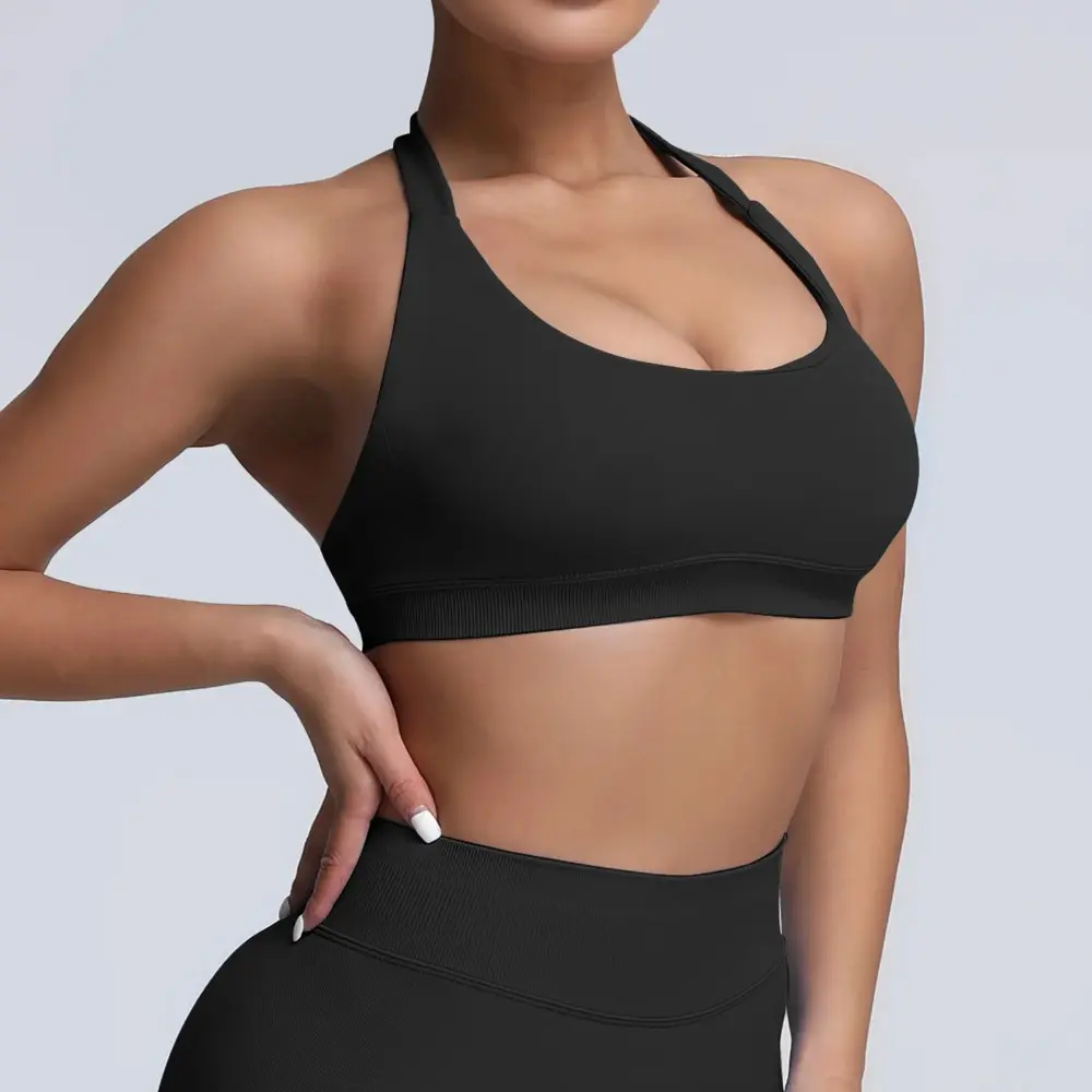 Seamless Women Yoga Halter Bra Open Back Sports Crop Tops Quick Drying Gym Fitness Tops Padded Workout Running DLOGO