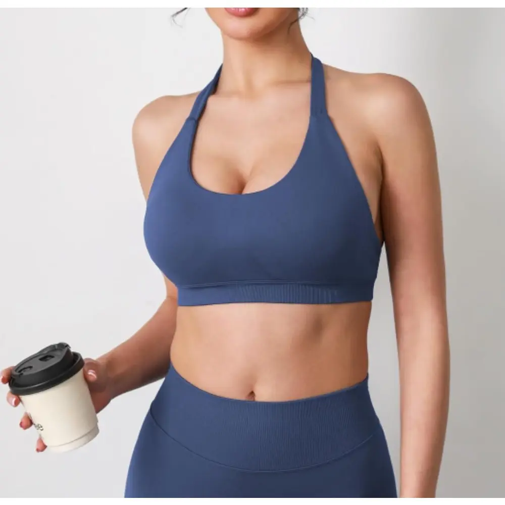 Seamless Women Yoga Halter Bra Open Back Sports Crop Tops Quick Drying Gym Fitness Tops Padded Workout Running DLOGO