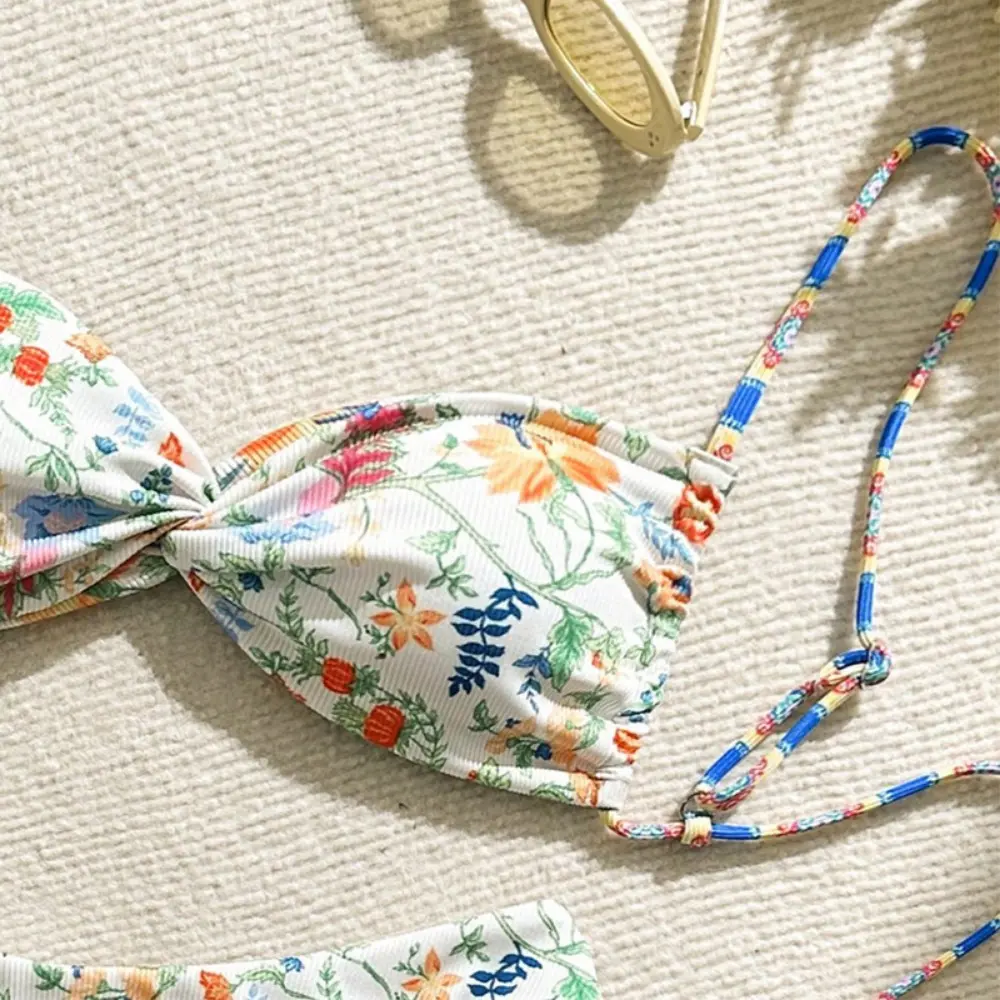 2025 new floral lace-up beach bikini swimsuit ladies high-end fashion hot spring swimsuit