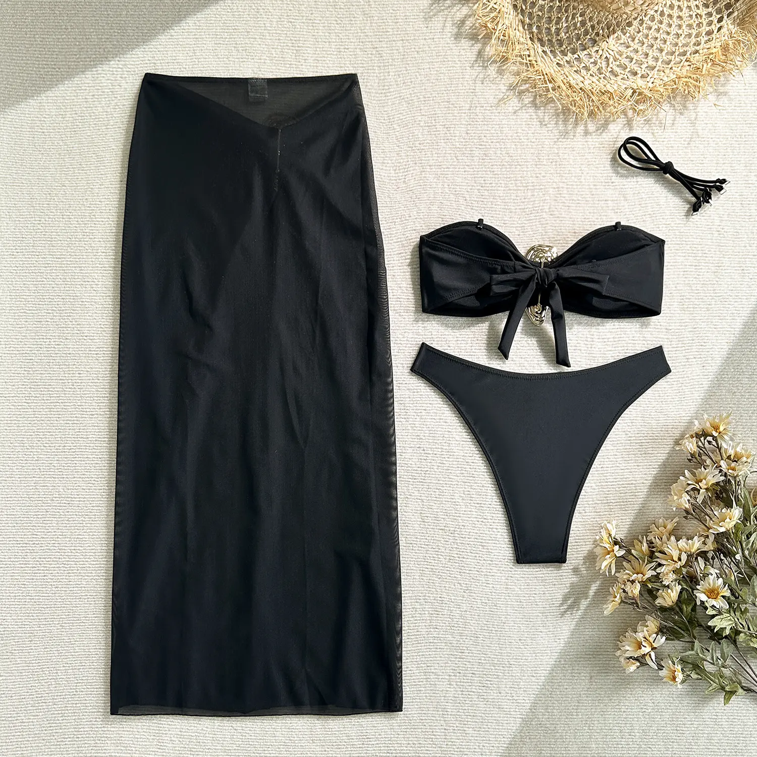 2025 new style with solid color metal oyster buckle three-piece bikini split swimsuit bikini set
