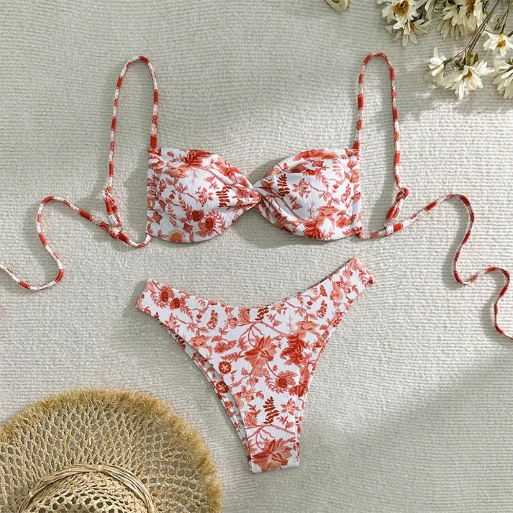 2025 new floral lace-up beach bikini swimsuit ladies high-end fashion hot spring swimsuit