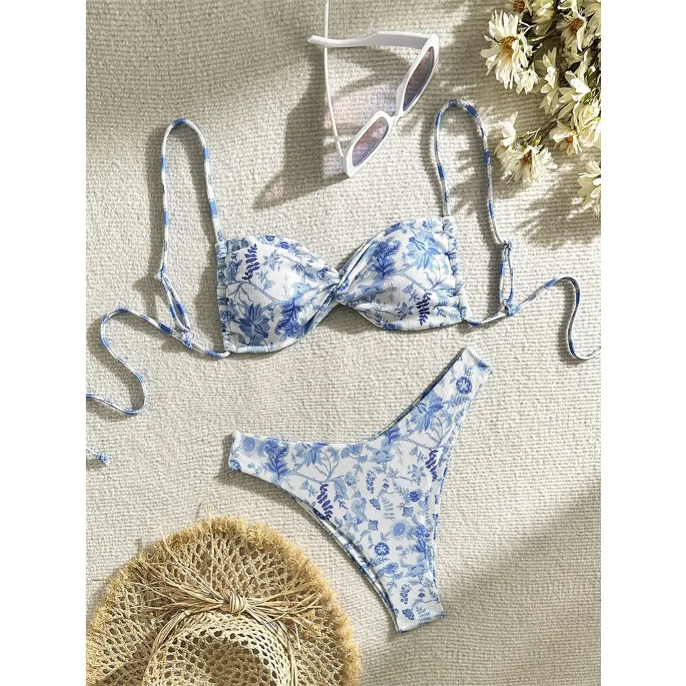 2025 new floral lace-up beach bikini swimsuit ladies high-end fashion hot spring swimsuit