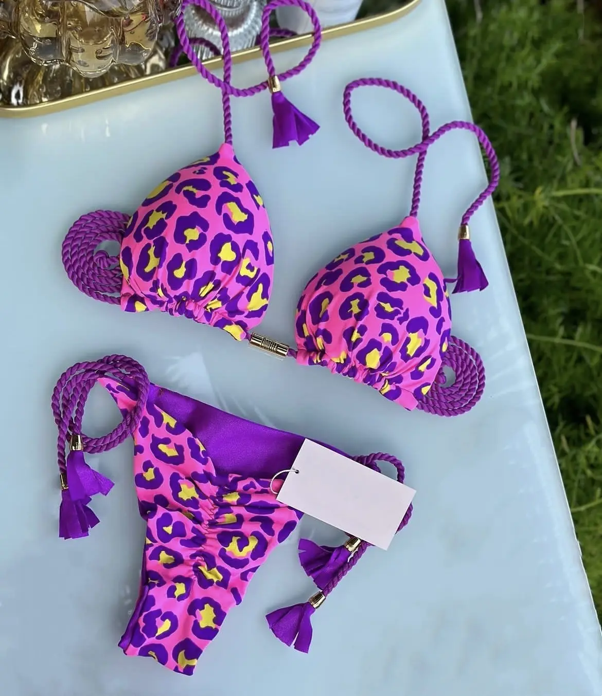 New Arrival Bikini Rope Printed Sexy Backless Split Swimsuit Nylon Spliced Color Bikini