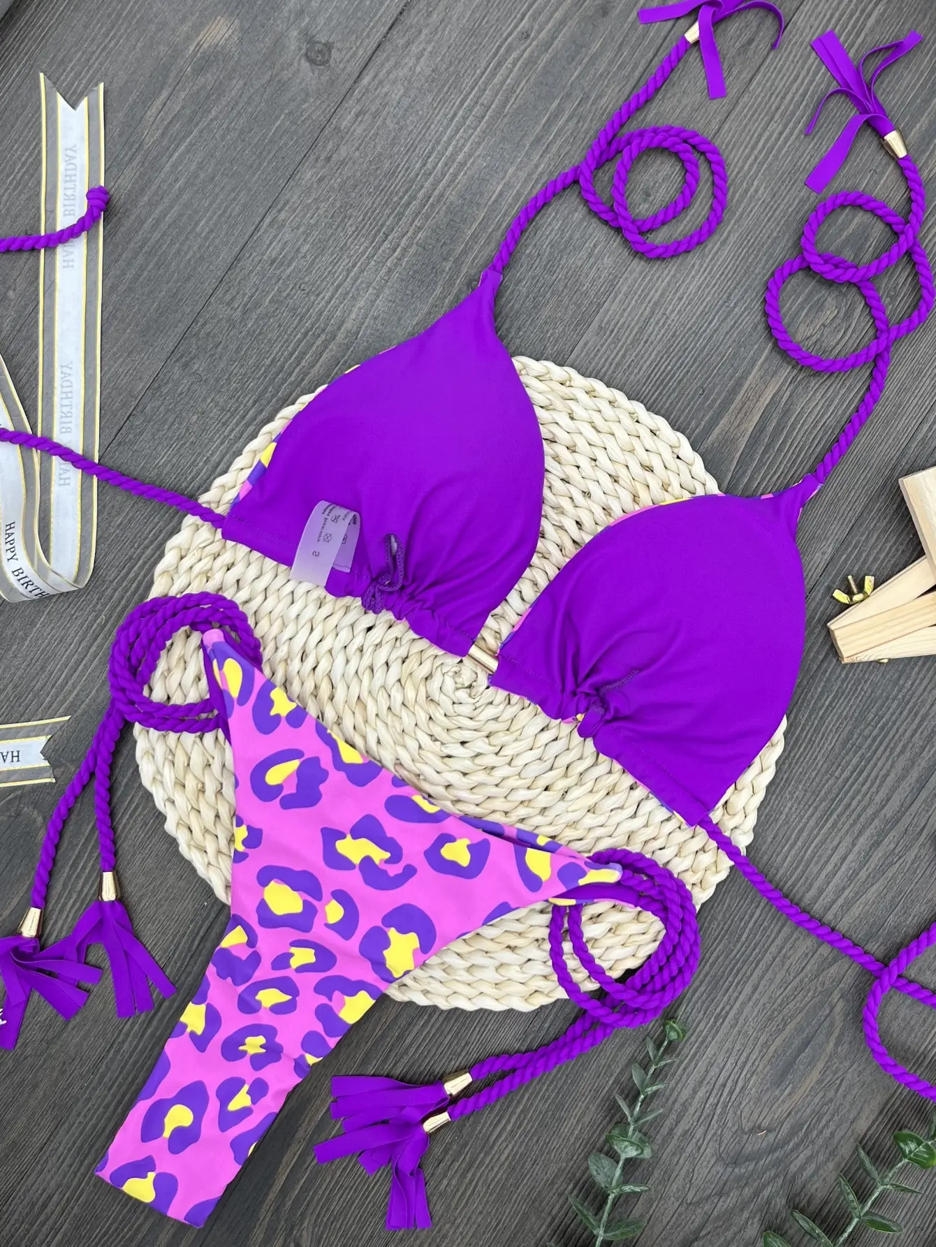 New Arrival Bikini Rope Printed Sexy Backless Split Swimsuit Nylon Spliced Color Bikini