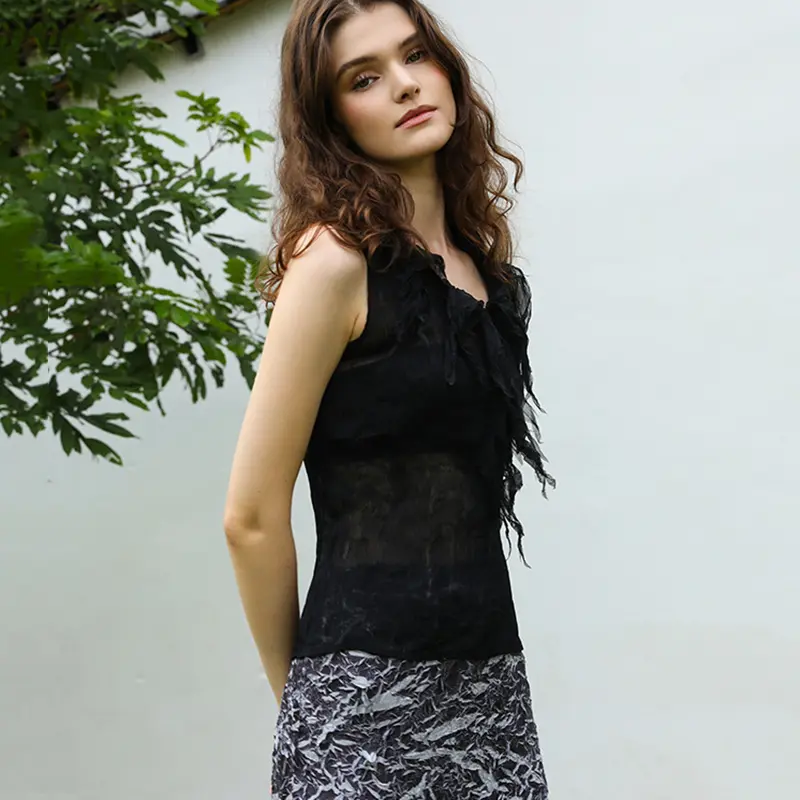LANMREM High Quality Pleated Women's Two Pieces Set Sleeveless V Collar Tank Top + Lightweight Printting Straight Skirt 2DB4171