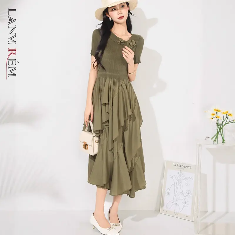 LANMREM Summer Women's Pleated Ruffle Dress High-End Elastic Slimming Patchwork Design Round Neck Short Sleeve Clothing 20252155