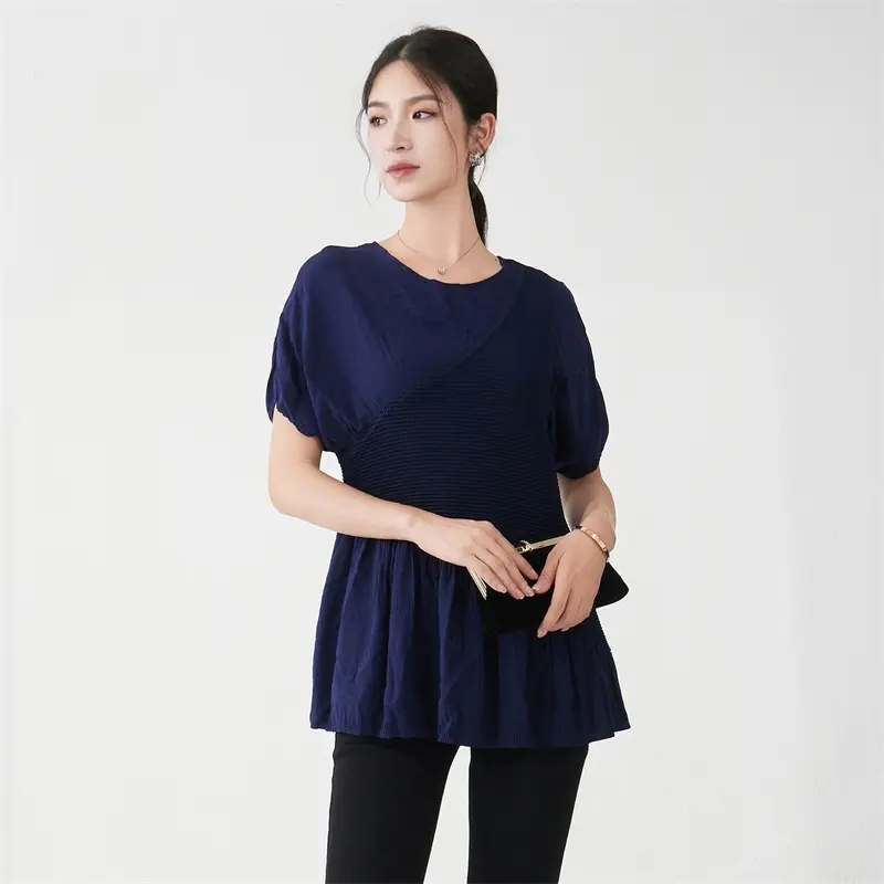 LANMREM Niche Chic Elastic Slim Waist Pleated Women's T-shirt 2025 New Design Short Sleeve Round Collar Grey Pullover Top DB4261