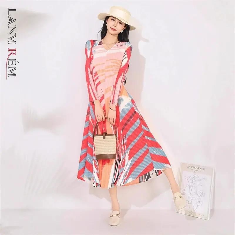 LANMREM Colorblock Print New Women's Pleated Dress V-neck Loose Three Quarter Sleeve Mid-length Dresses Famale A-line Dresses