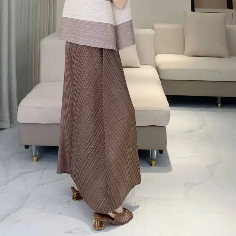 LANMREM Pleated Fashion Coffee Color Loose Wide-Leg Pants Women's Chic New Casual Pleated Elastic High-Waisted Trousers 2DB4167