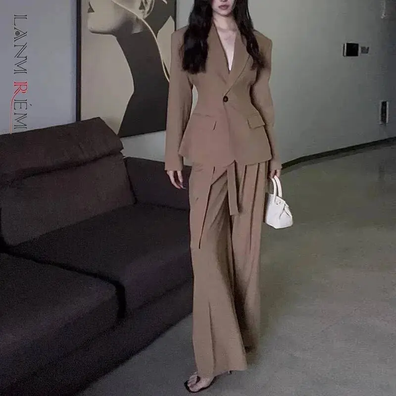 LANMREM High-end Women's Suit Set 2025 Chic New Korean Style Waist-cinching Blazer And Wide-leg Pants Two Pieces Sets 2DB4255