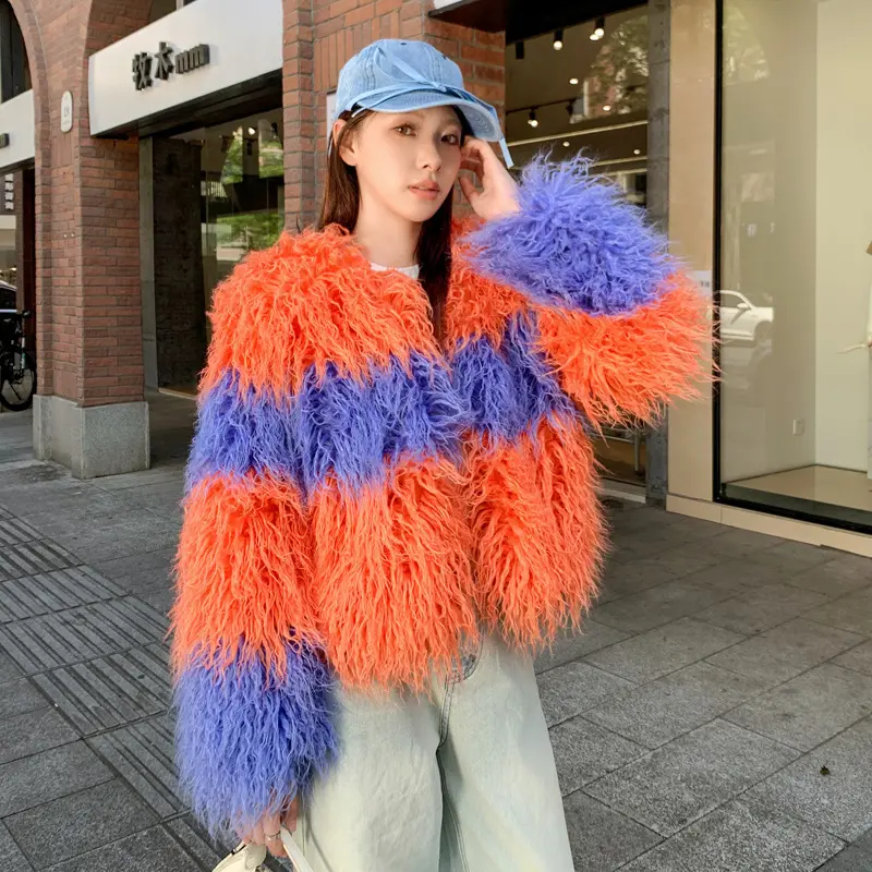 LANMREM High Quality Colorblock Patchwork Faux Fur Coat Women's Loose Cardigan O-neck Winter Thick Warm Short Jacket 2DB4200