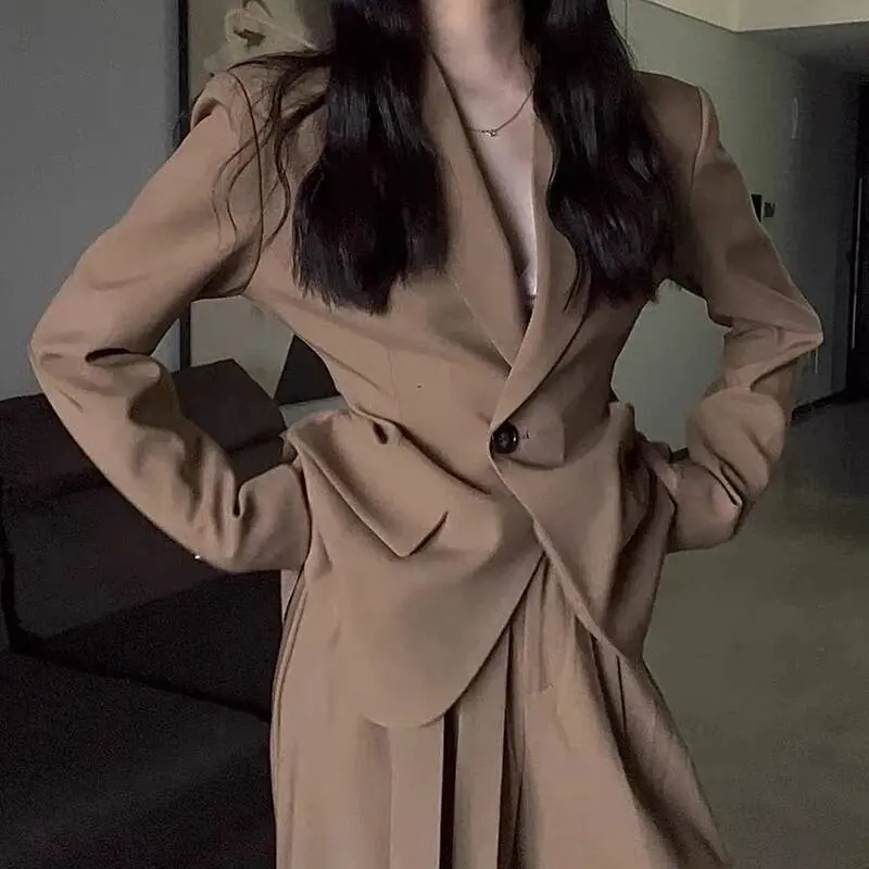 LANMREM High-end Women's Suit Set 2025 Chic New Korean Style Waist-cinching Blazer And Wide-leg Pants Two Pieces Sets 2DB4255