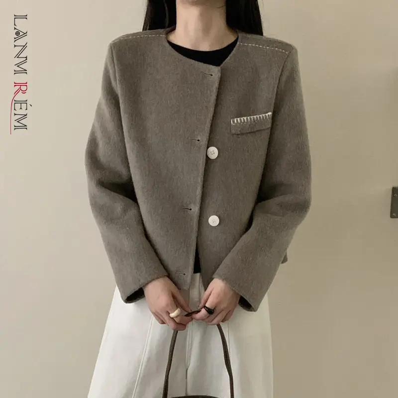 LANMREM Solid Color Round Neck Long Sleeve Single-Breasted Double-Sided Wool Coat Autumn Winter Woolen Short Jacket Chic 2DB4245