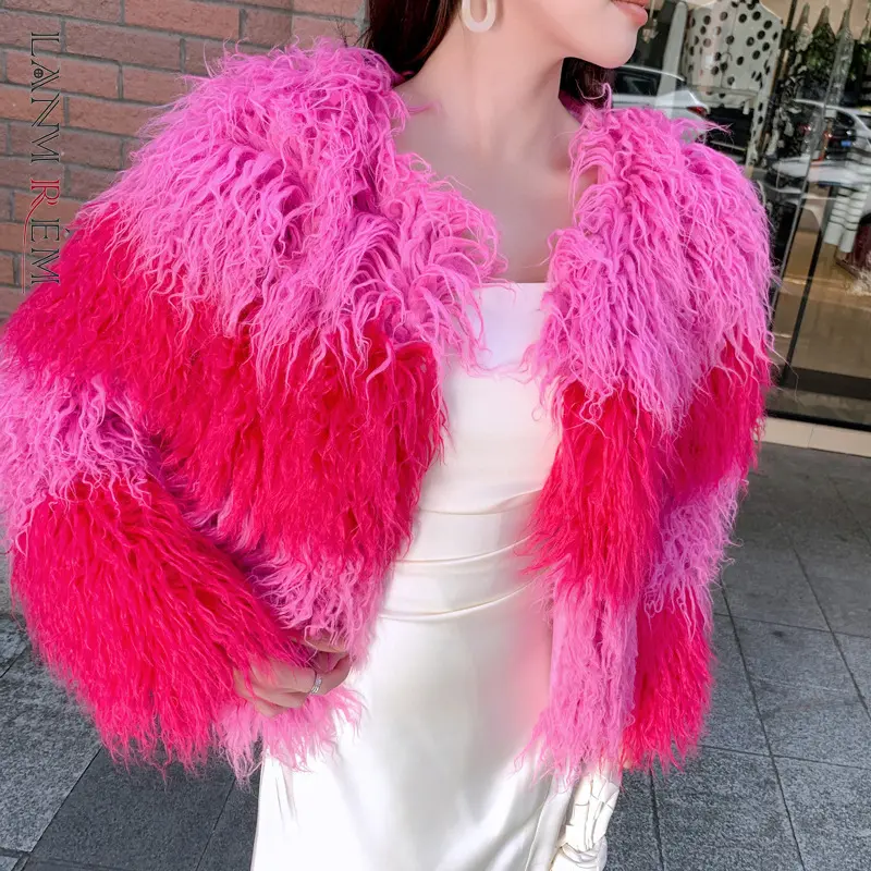 LANMREM Faux Shearling Wool Short Coat Rose Red And Pink ColorBlock Patchwork Design Winter Warm O-neck Thick Jacket 2DB3941