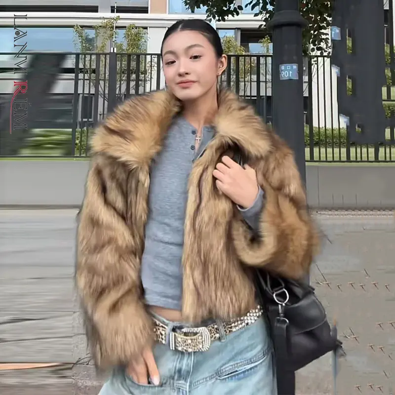 LANMREM Fashion New Women's Fashion Autumn Winter Faux Fur Short Coat Chic Loose Casual Camel Thickend Jacket Big Size 2DB3884