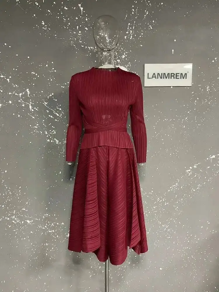 LANMREM Bandage Design Pleated Two Pieces Set Women's O-neck Pullover Tops And Elastic Waist Wide Leg Calf-length Pants 2YA713