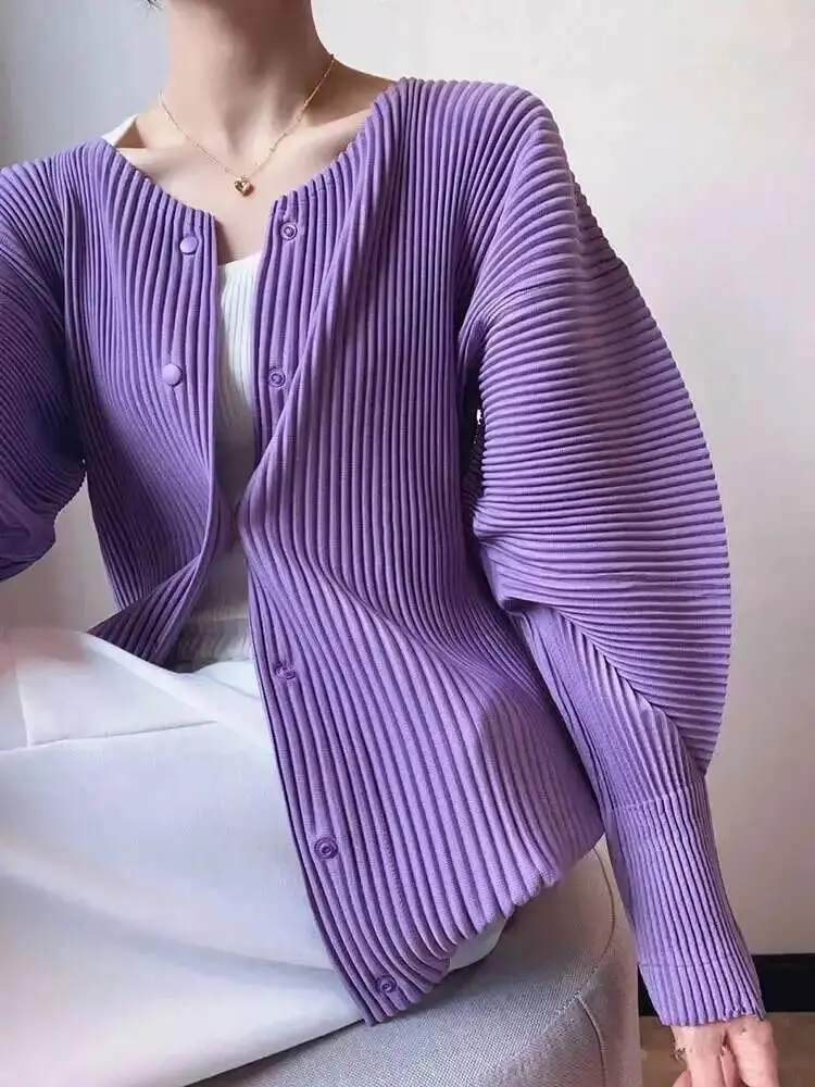 LANMREM Purple Pleated Shirt Loose Minority Buttoned Long Sleeves Round Neck Women's Fashion Clothing 2025 Spring New 2R3429