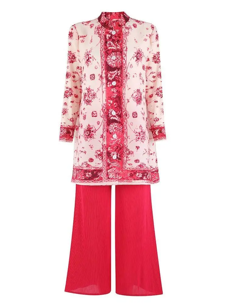 LANMREM Pleated Printting Women's Two Pieces Sets Single Breasted Stand Collar Long Tops And Wide Leg Straight Pants 2DB3410