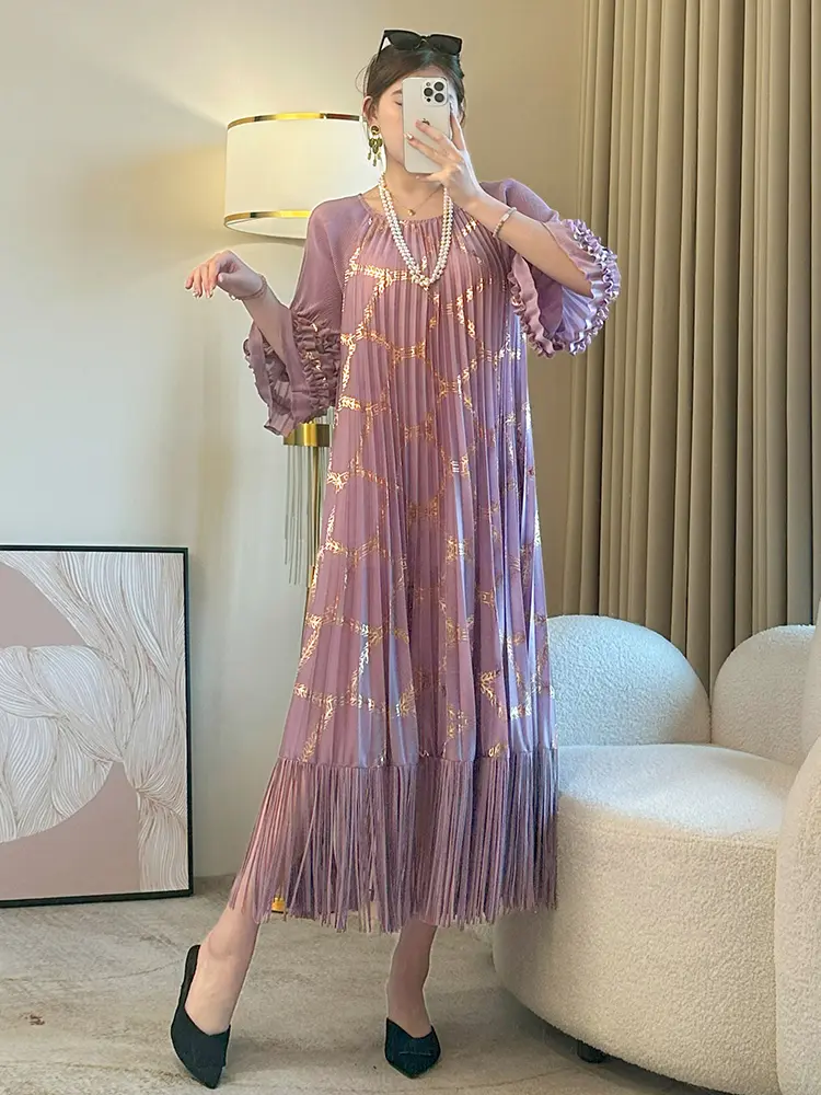 LANMREM Women's Fashion Hot Stamping Pleated Fringe Dress Round Neck Casual Loose Versatile Dresses 2025 Summer New style 2DE449