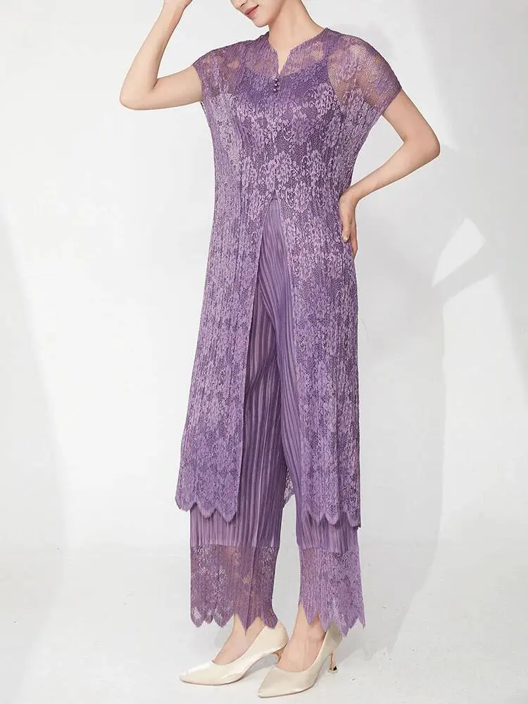 LANMREM Fashion Summer Lace Pleated Set Women's Hollow Out Sleelvess Long Top + Straight Pants Two-piece Set Pants Sets 2DB3088