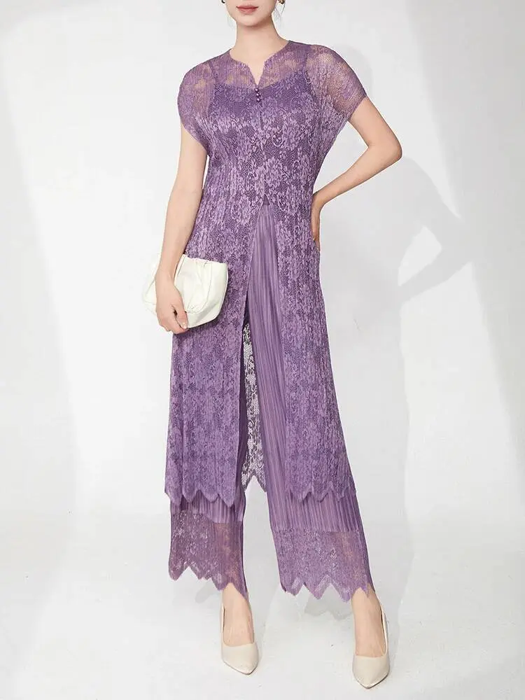 LANMREM Fashion Summer Lace Pleated Set Women's Hollow Out Sleelvess Long Top + Straight Pants Two-piece Set Pants Sets 2DB3088