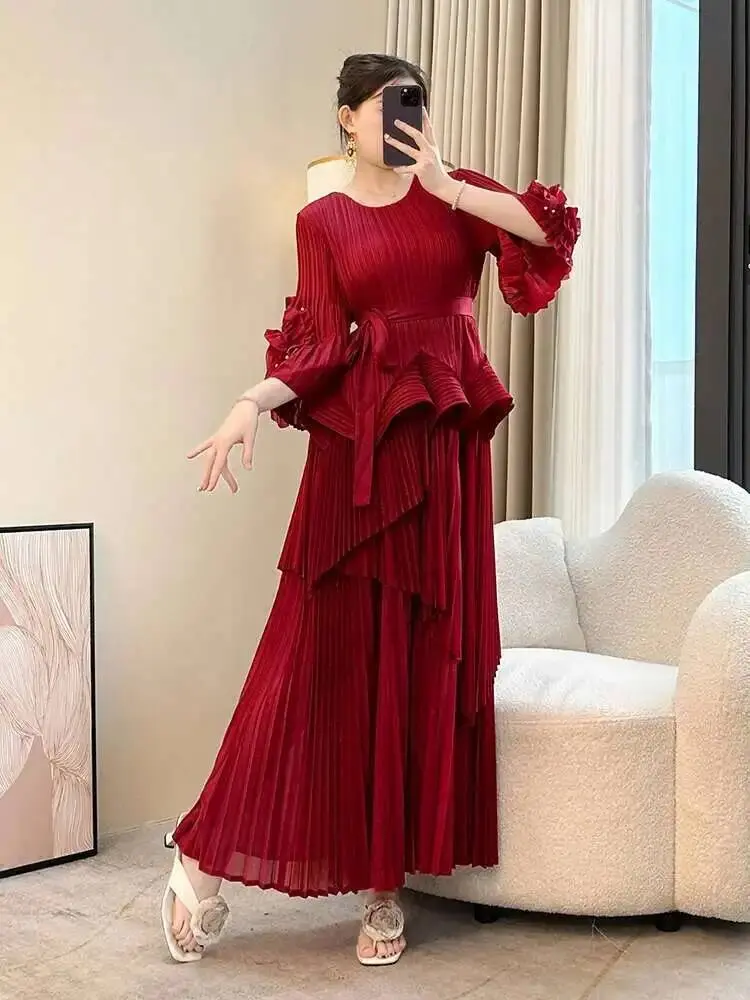 LANMREM Irregular Ruffled Seaming Fashion Pleasted Two Pieces Set For Women O-neck Pullover Tops And Loose A-line Skirt 2DB2552