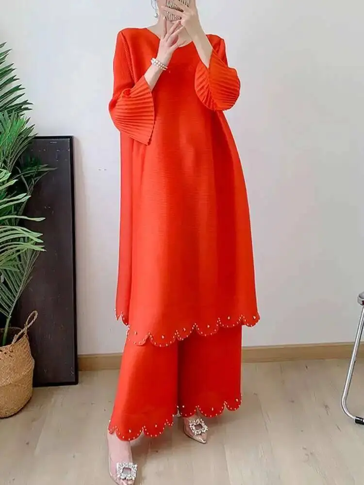 LANMREM Solid Pleated 2 Pieces Set For Women Round Neck Flare Sleeves Tops Elastic High Waist Wide Leg Pants Autumn Sets 2AA1071