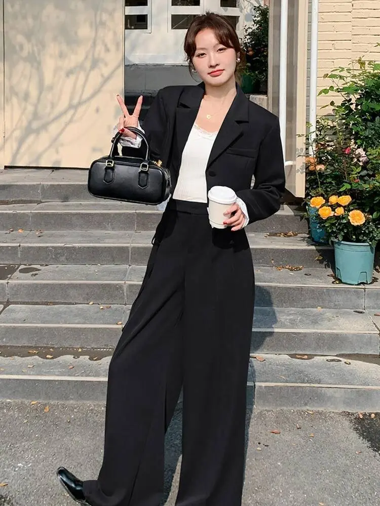 LANMREM Niche Design Blazer Set 2025 New Lace Patchwork Short Suit Jacket And Women's Wide Leg Pants Two-piece Sets 2DB2742
