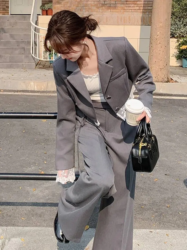 LANMREM Niche Design Blazer Set 2025 New Lace Patchwork Short Suit Jacket And Women's Wide Leg Pants Two-piece Sets 2DB2742