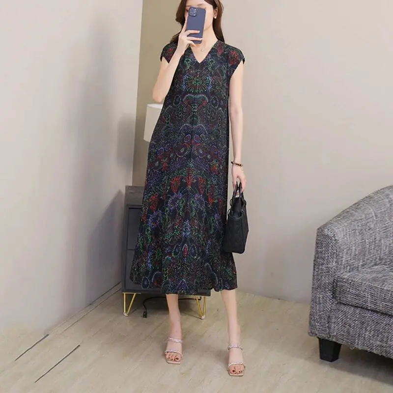LANMREM Summer Printting Elastic Pleated Women's Drss 2025 Chic New Short Sleeve Casual V Collar Loose Famale Clothing 2DB4158