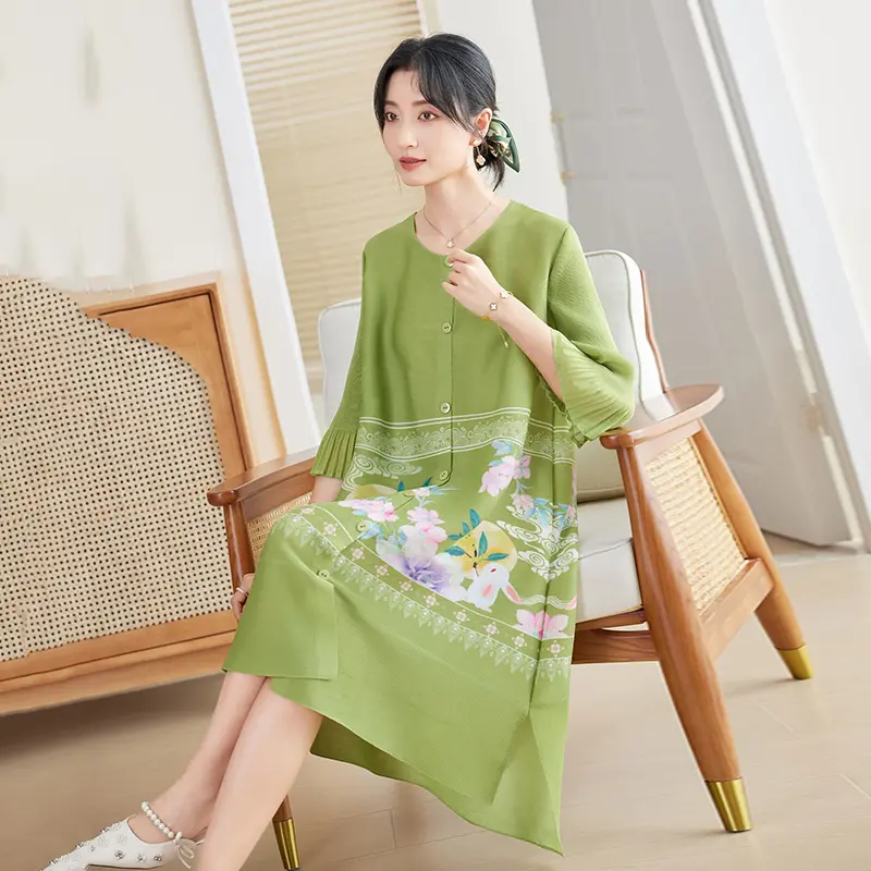 LANMREM Green Elegant Elastic Loose Pleated Women's Dress Chic Print Single Breasted Round Collar Flare Sleeve Dresses 2DB3724