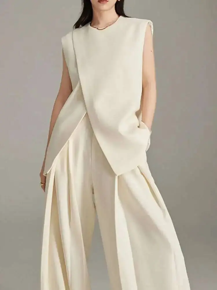 LANMREM Three-dimensional Cutting 2 Pieces Sets Women's Irregular Silhouette Hanging Double Pleats Vest + Wide Leg Pants 2DB2462
