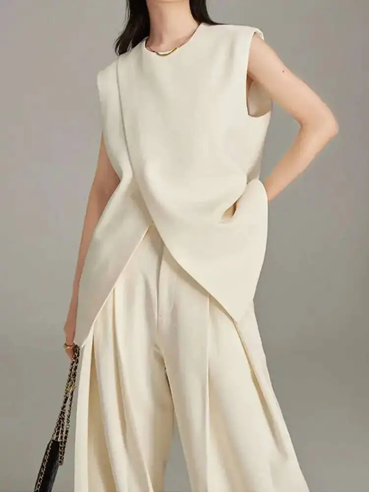 LANMREM Three-dimensional Cutting 2 Pieces Sets Women's Irregular Silhouette Hanging Double Pleats Vest + Wide Leg Pants 2DB2462