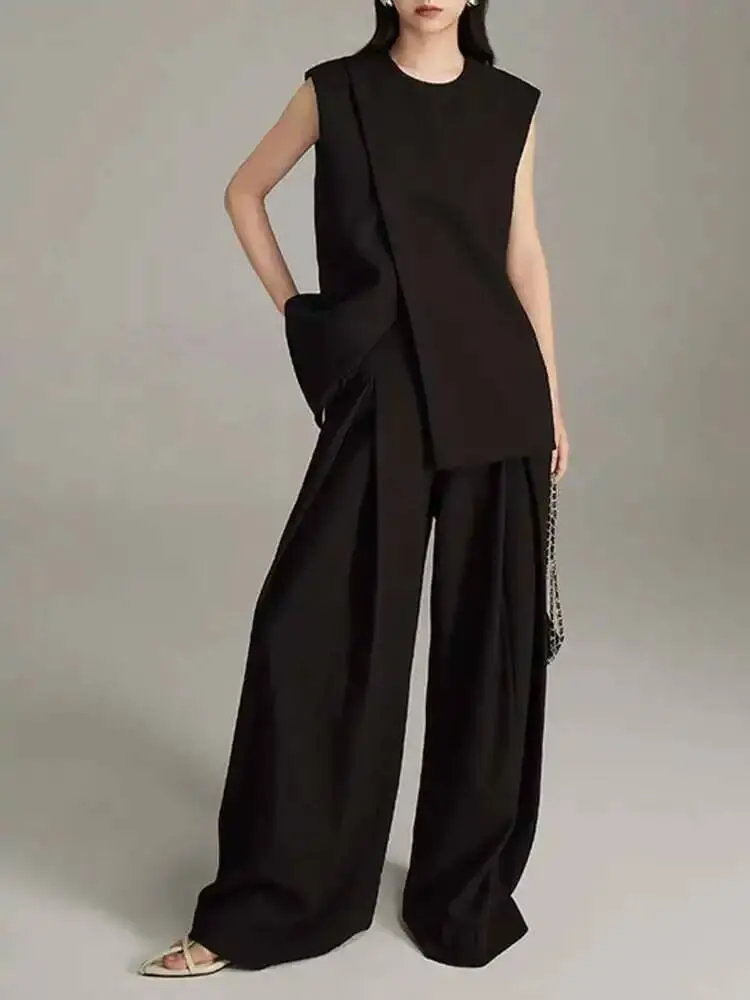 LANMREM Three-dimensional Cutting 2 Pieces Sets Women's Irregular Silhouette Hanging Double Pleats Vest + Wide Leg Pants 2DB2462