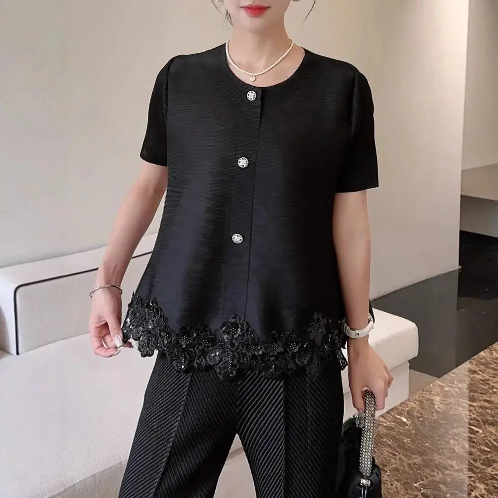 LANMREM Yellow Pleated Top Summer New Women's Fashion Design Patchwork Single-Breasted O-neck Loose Short Sleeve Shirt 2DB3623