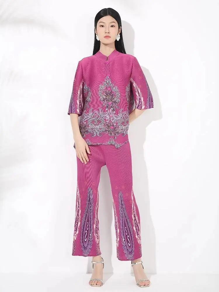 LANMREM Chic Printting Pleated Women's Two Pieces Set Half Sleeve Stand Collar Single Breasted Top And High Waist Straight Pants