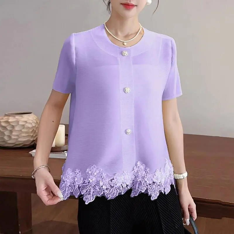 LANMREM Yellow Pleated Top Summer New Women's Fashion Design Patchwork Single-Breasted O-neck Loose Short Sleeve Shirt 2DB3623