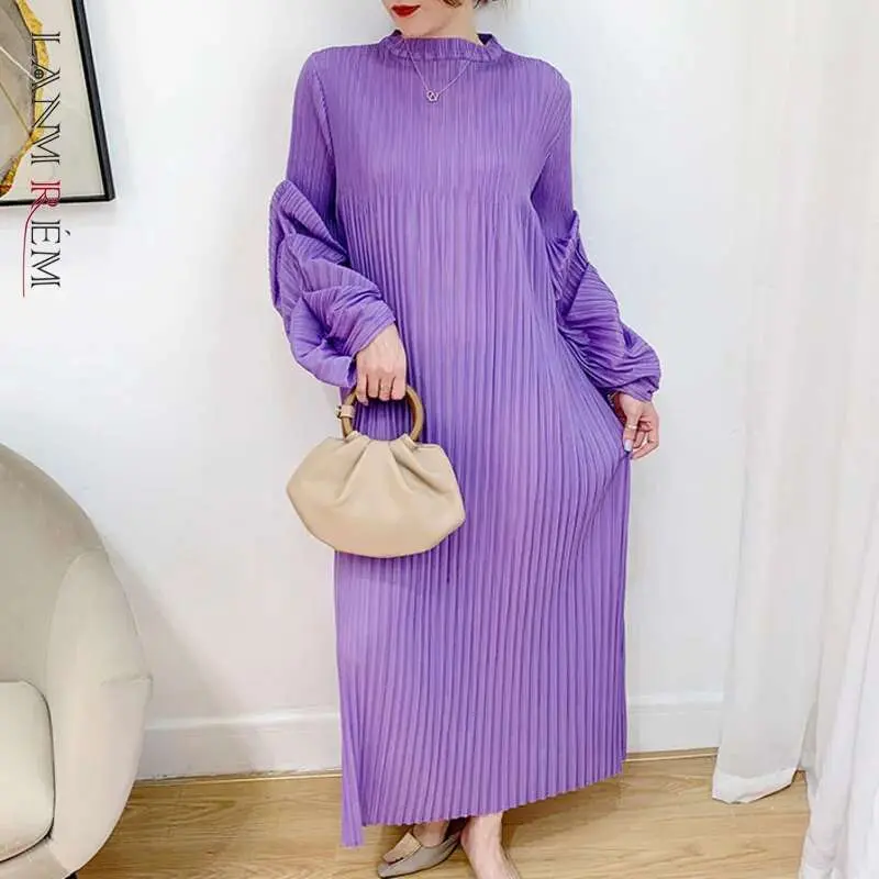 LANMREM Pleated Puff Sleeve Dress 2025  New Solid Color Long Dress Loose Fold Women's Dresses 2D1734