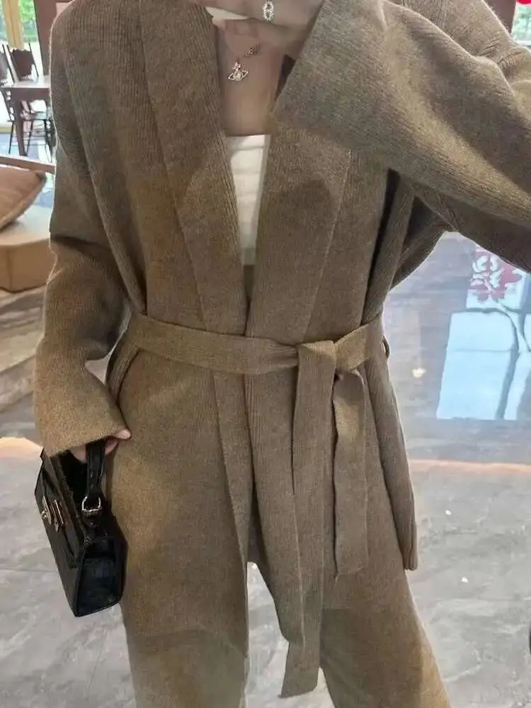 LANMREM Loose Knit Cardigan Two-piece Set High-end Temperament Belt Sweater Top With Wide Leg Trousers Female Fashion 2DB1488