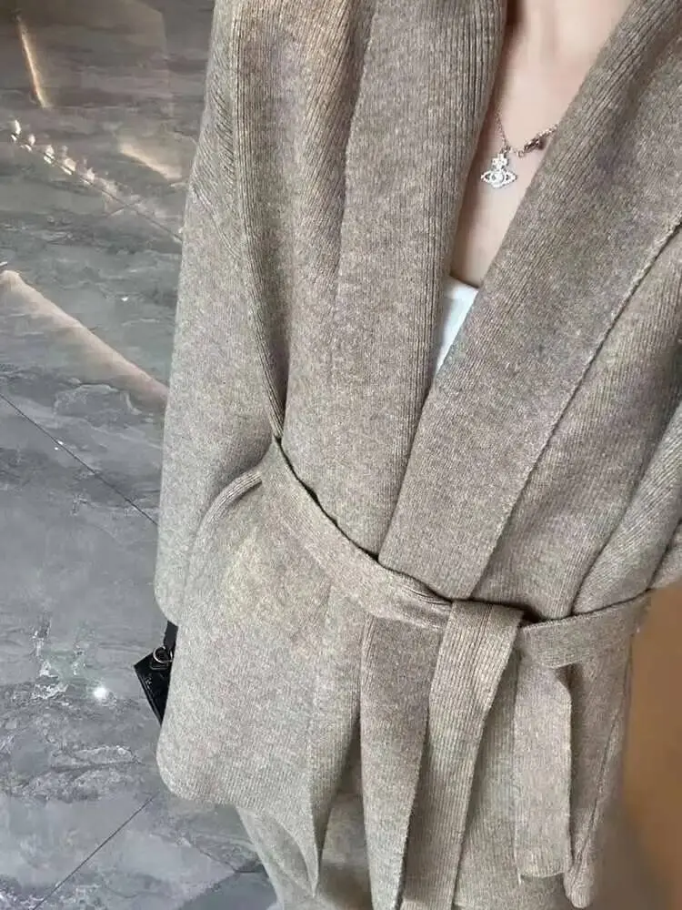 LANMREM Loose Knit Cardigan Two-piece Set High-end Temperament Belt Sweater Top With Wide Leg Trousers Female Fashion 2DB1488